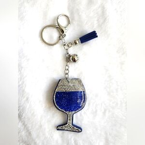 Wine Glass Blue and Silver Rhinestone Keychain Bag Charm